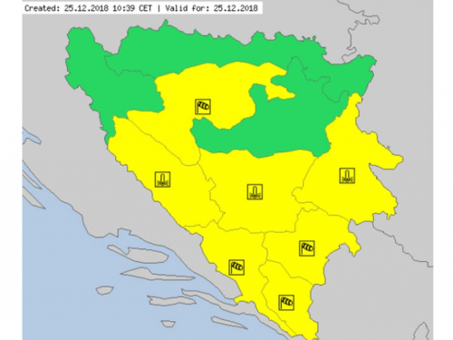 Žuti meteoalarm u većem dijelu BiH