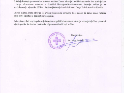 Dom zdravlja Rama: Odgovor na priopćenja HDZ-a BiH Rama i HSP BiH Rama