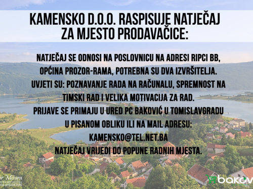 NATJEČAJ: Kamensko d.o.o zapošljava dvije prodavačice u Ripcima