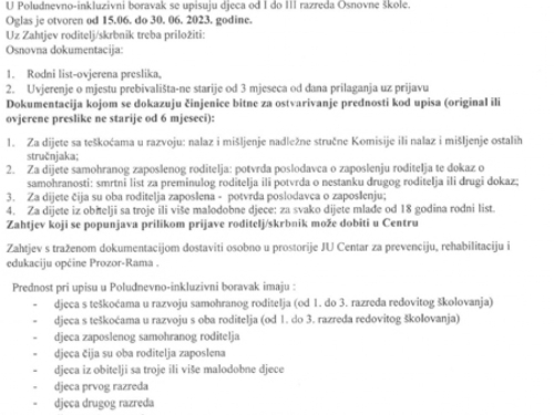 OGLAS: JU Centar za prevenciju, rehabilitaciju i edukaciju općine Prozor-Rama