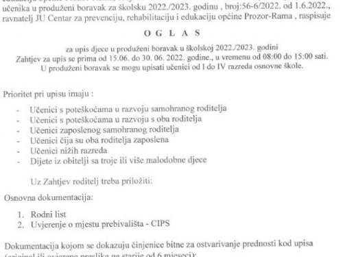 PROZOR: Oglas za upis djece u produženi boravak u školskoj 2022./2023. godini