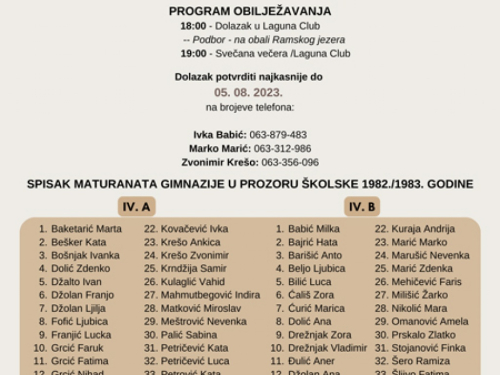 Poziv na proslavu 40. godišnjice mature