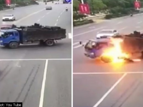 VIDEO: Motociklom se zabio u kamion i zapalio