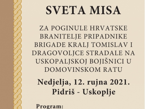 Pidriš: Sveta misa za stradale hrvatske branitelje slavit će se 12. rujna
