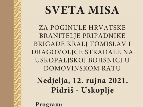 Pidriš: Sveta misa za stradale hrvatske branitelje slavit će se 12. rujna