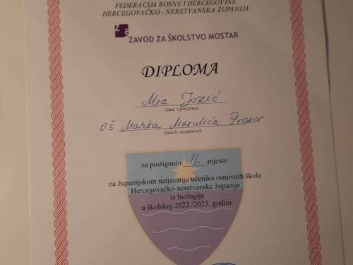 Mia Jozić – 2. mjesto na županijskom natjecanju iz biologije