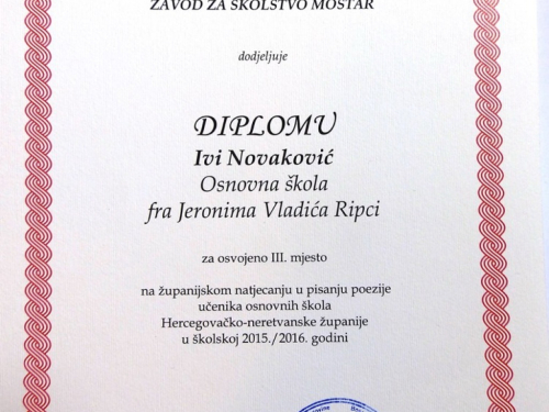 OŠ fra Jeronima Vladića Ripci najuspješnija Osnovna škola u našoj županiji