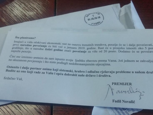 Novalić prekršio zakon slanjem pisama umirovljenicima