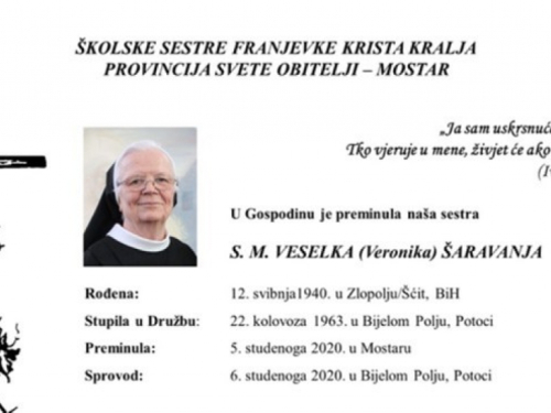 Preminula je časna sestra Veselka Šaravanja