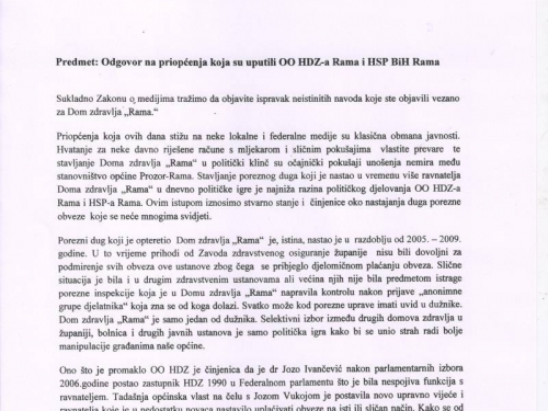 Dom zdravlja Rama: Odgovor na priopćenja HDZ-a BiH Rama i HSP BiH Rama