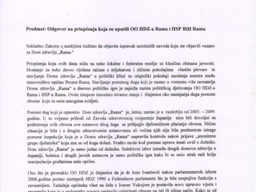 Dom zdravlja Rama: Odgovor na priopćenja HDZ-a BiH Rama i HSP BiH Rama