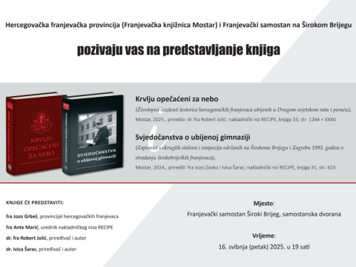 Poziv na predstavljanje knjiga ''Krvlju opečaćeni za nebo'' i ''Svjedočanstva o ubijenoj gimnaziji''