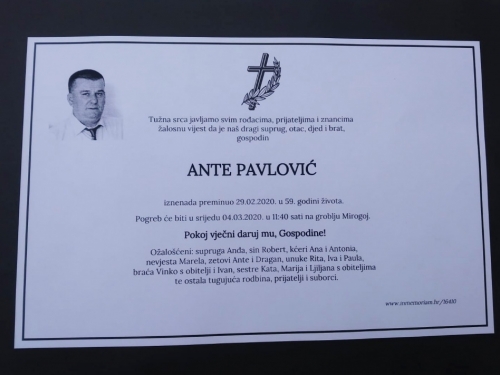 Obavijest o sprovodu Ante Pavlovića