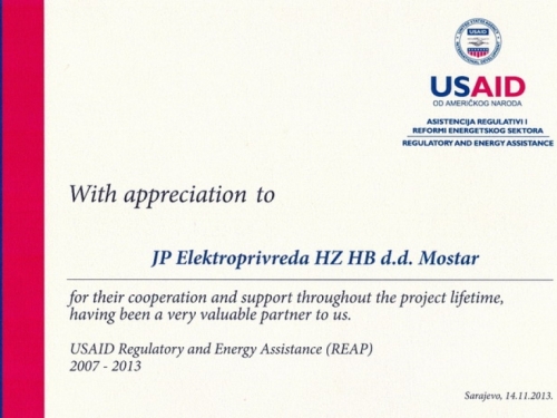 Zahvalnica USAID-a Elektroprivredi HZHB